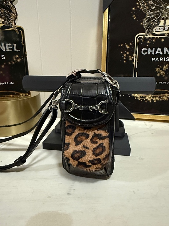 Brighton Handbags - Brighton Vintage Black Leather Crocodile Print with Leopard Fur Panel Crossbody